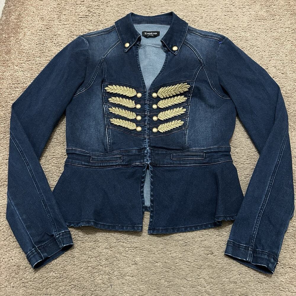Bebe Denim Military Jacket Gold Accents Size Medium